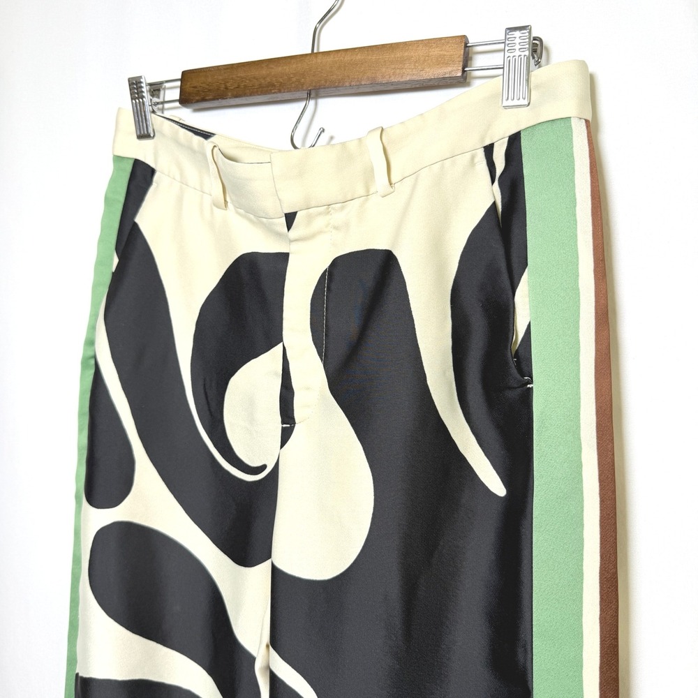 Zara Women Abstract Swirl Print Wide Leg Pants Green Brown Side Stripe EU 38